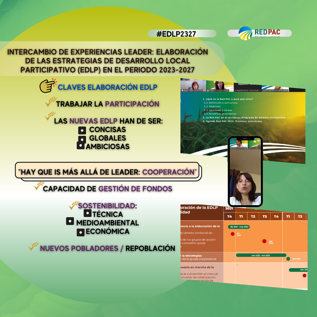  El objetivo de la jornada ha sido apoyar y facilitar la elaboración de las “Estrategias de Desarrollo Local Participativo” “(EDLP) para el periodo 2023-2027 a todos los Grupos de Acción Local (GAL) del territorio estatal dentro del marco del nuevo Plan Estratégico de la PAC (PEPAC) Las nuevas EDLP han de entregarse inexorablemente como tarde el 31 de agosto del presente año